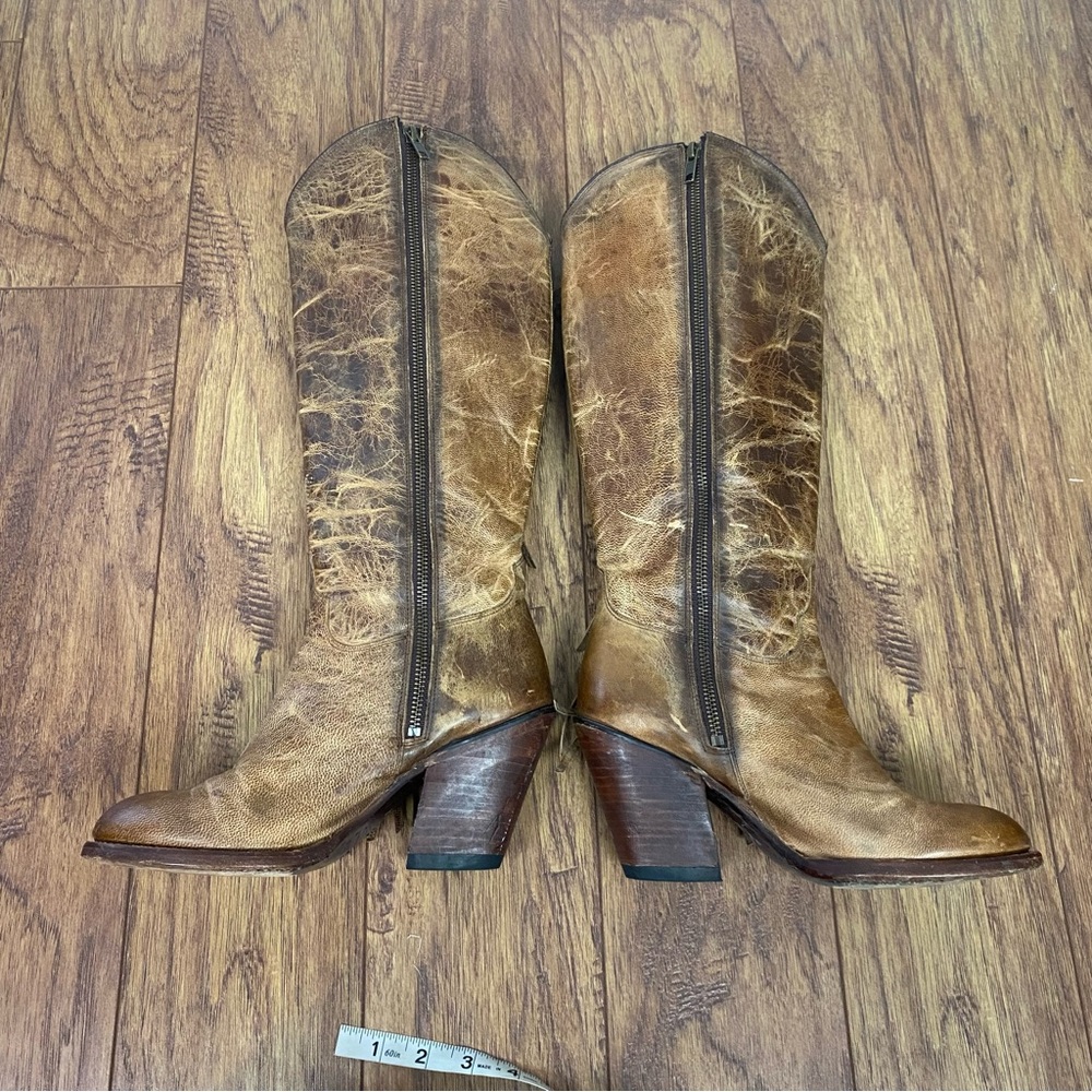 Lucchese Brown Leather Fringe Star Tall Heeled Boots - Picture 7 of 12